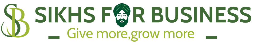 Logo for Sikhs For Business with the tagline Give more, grow more, featuring stylized initials SB and a central Khanda symbol.